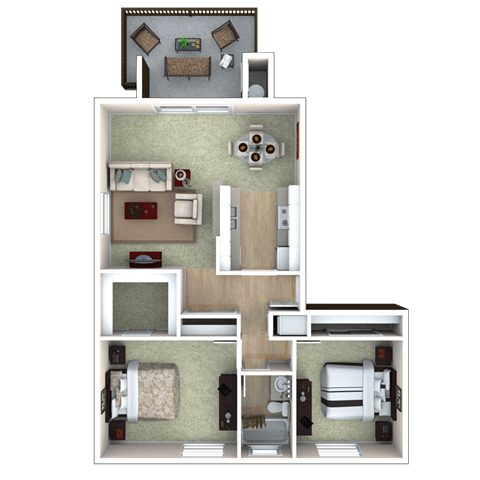 Floor plan for 2 beds, 1 bath, 885 sqft